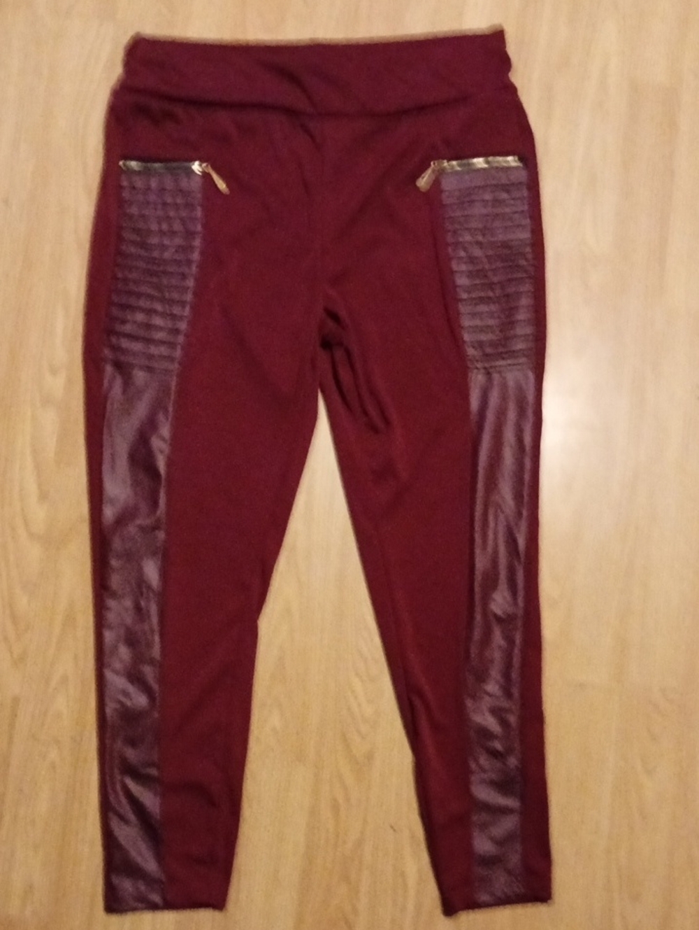 SHEIN Burgundy Moto-Panel Ponte Leggings with Zip Accents